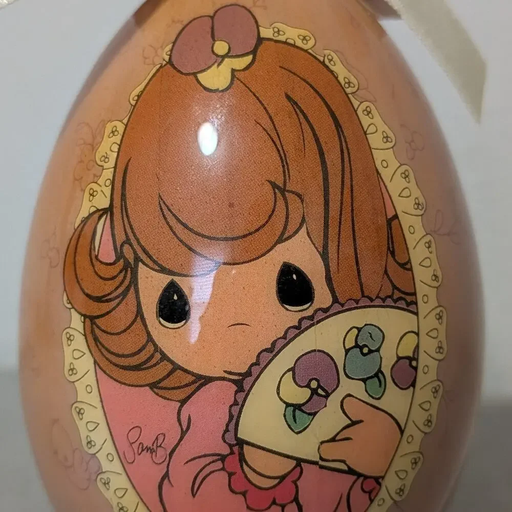 Vintage 1997 Precious Moments Springtime Easter Egg Ornament Girl with Fan